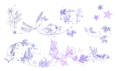 Elegant Christmas botanical vector illustration with festive branches, holly, pine foliage, decorative stars, swirling ornament lines and detailed natural winter elements in harmonious composition.