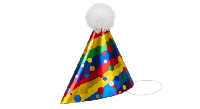 A vibrant and shiny cone-shaped party hat with colorful polka dots and a fluffy white pom-pom, isolated on a white background, perfect for birthday celebrations