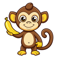 Obraz premium Cartoon monkey holding a banana in its left hand on transparent background