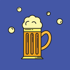 Cartoon Beer Mug with Foam and Bubbles on Blue Background. Minimalist Craft Brew Vector Illustration. Oktoberfest or Pub Drink Clipart.