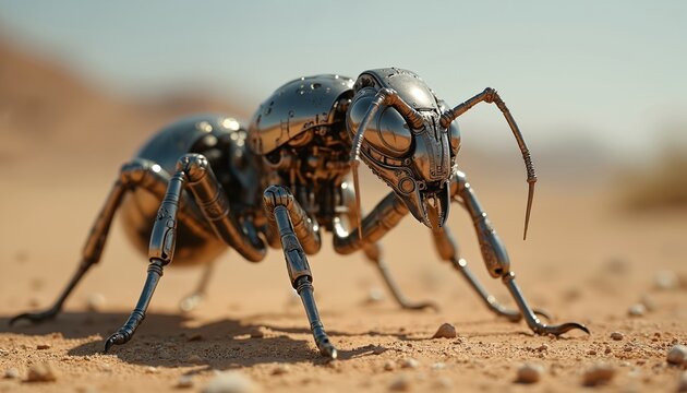 Robotic ant walks on desert sand under bright sky. Metallic insect creature explores outdoor environment. AI generated cyborg bug concept blends tech, nature, showing future exploration, automation