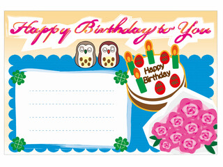 Cute birthday card with cake owls and flowers