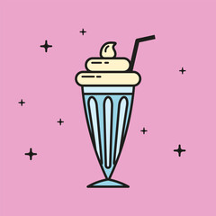 Retro Milkshake Icon with Whipped Cream and Straw. Minimalist Diner Style Dessert Vector on Pink. Sweet Drink Clipart for Menu Design.