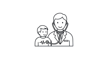 Doctor examining a child with a stethoscope line art illustration.