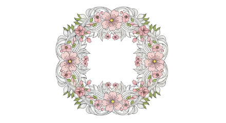 Delicate Floral Wreath with Pink Blossoms and Green Leaves.