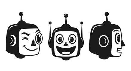 Vector Set of Retro Robot Head Characters - Vintage Sci-Fi Mascot and AI Symbol