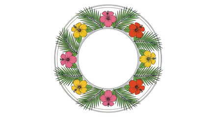 Colorful Floral Wreath with Hibiscus and Palm Leaves.