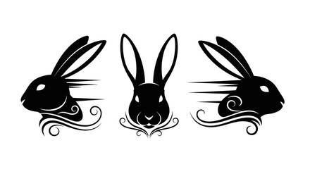 Black Running Rabbit Head Vector Set with Speed Lines and Swirls - Fast Bunny Mascot
