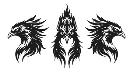 Fototapeta premium Set of Aggressive Eagle Head Logo Icons, Black Silhouette Vector of Stylized Phoenix Mascot