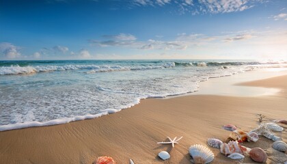 Serene Beach Background With Sandy Shore Seashells And Gentle Waves Creating A Tranquil Coastal Landscape