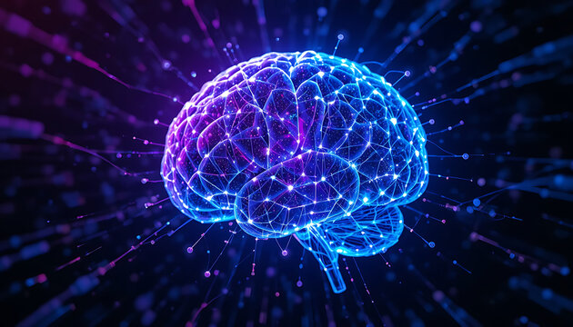Luminous digital brain network symbolizing artificial intelligence, technological advancement, and innovative thinking through intricate data connections