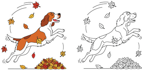 Cute cartoon dog joyfully leaping and playing in a pile of colorful autumn leaves, perfect for fall-themed designs and children's illustrations.