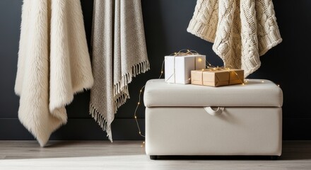 Cream fuzzy and woven throws drape the wall. Festive wrapped gifts with delicate warm lights sit on a comfortable storage ottoman.