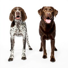 Two Happy Dogs - Pointer and Chocolate Labrador Retriever Breed Portrait