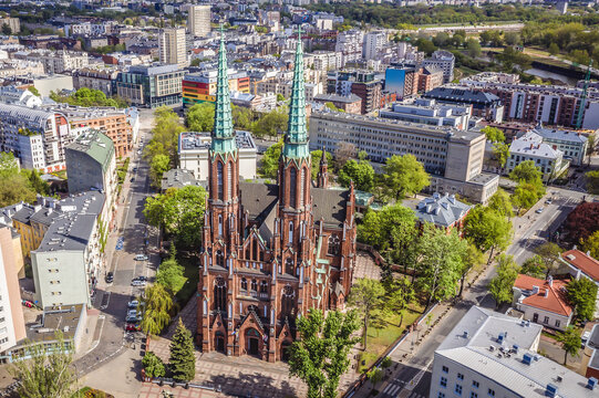 Drone photo of Saints Michael and Florian Cathedral in North Praga area of Warsaw, Poland