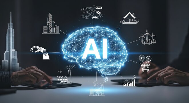 Digital artificial intelligence brain connecting global technology networks. Hands interact with tablets, managing smart city systems, future industry, and sustainable energy solutions.
