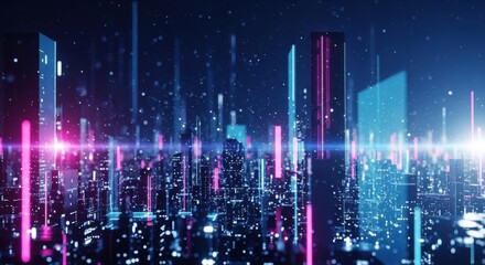 Abstract digital city glowing with vibrant neon lights. Futuristic urban landscape showing modern data flow and network connections at night.
