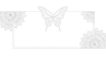Elegant rectangular frame with a delicate line art butterfly and intricate floral mandala corner decorations.