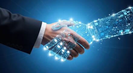 Hand in business suit shaking glowing digital AI hand. Future technology partnership connection. Artificial intelligence collaboration, innovation, and digital integration concept.