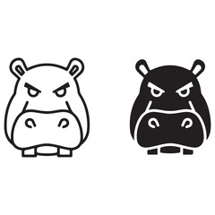 Angry Hippopotamus Head Illustration in Outline and Solid Styles