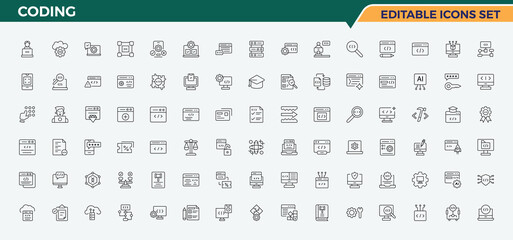 Coding vector line icon set. Coding icon set in linear style. Pictograms of development, software, programming, program, website, web and more. Editable stroke. © Cats2udio