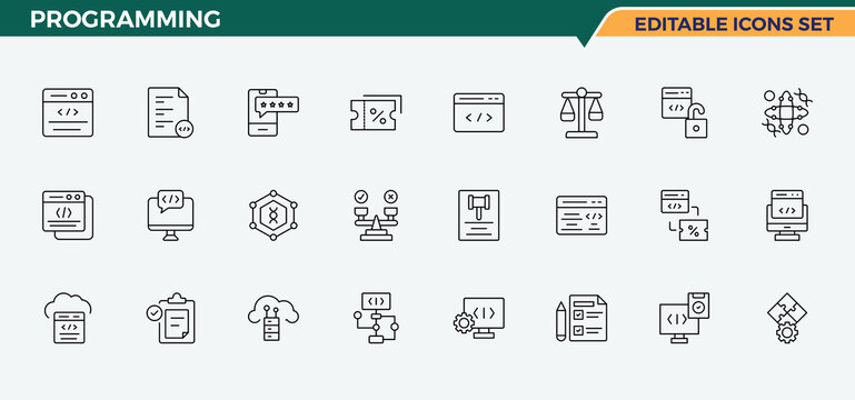 Programming linear icon set. Includes thin line symbols website, technology, app, development, coding, programming coding. Coding icon set. Vector icons collection. Editable stroke. Pixel Perfect.