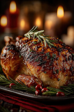 Dinde de No&euml;l r&ocirc;tie, volaille dor&eacute;e aux herbes servie sur un plat festif avec bougies, agrumes et romarin dans une ambiance chaleureuse de f&ecirc;te