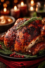 Dinde de Noël rôtie, volaille dorée aux herbes servie sur un plat festif avec bougies, agrumes et romarin dans une ambiance chaleureuse de fête