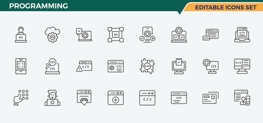 Programming linear icon set. Includes thin line symbols website, technology, app, development, coding, programming coding. Coding icon set. Vector icons collection. Editable stroke. Pixel Perfect.