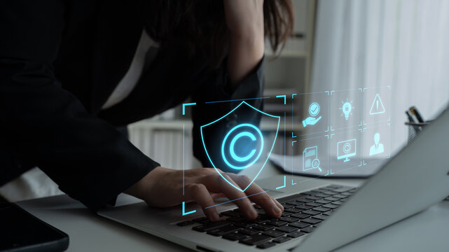 Digital copyright protection system showing secure ownership, intellectual property rights, content verification, and legal warning icons for creators and publishers Latch