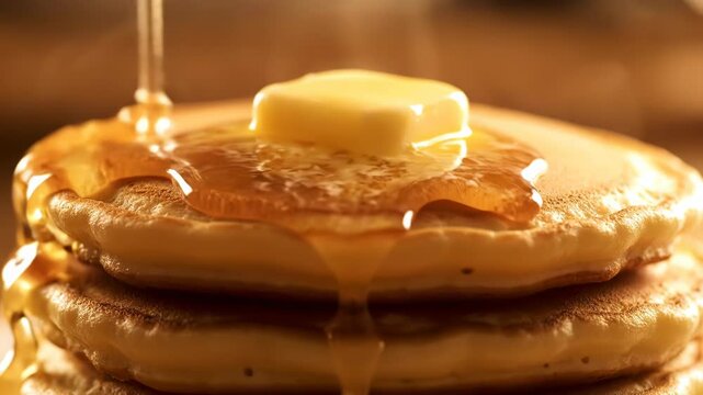 Delicious stack of golden pancakes with a pat of butter and flowing maple syrup.