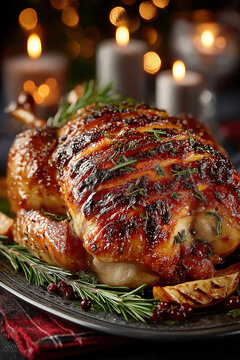 Dinde de No&euml;l r&ocirc;tie, volaille dor&eacute;e aux herbes servie sur un plat festif avec bougies, agrumes et romarin dans une ambiance chaleureuse de f&ecirc;te