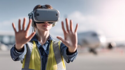 Engineer in Vest Using VR Headset at Airport Hangar with Aircraft