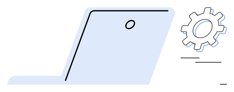 Open laptop with visible camera port and adjacent gear icon. Ideal for technology, software, system settings, productivity, work tools, IT management, digital innovation. Minimalist flat metaphor