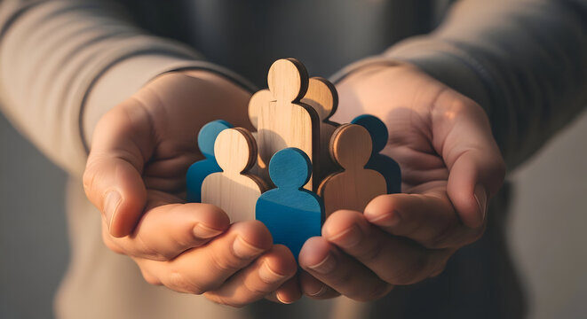 Collaborative teamwork: diverse hands holding a group of paper cutout people in unity

