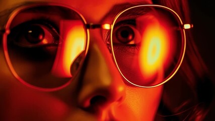 Scared woman's eyes with fire reflection in glasses