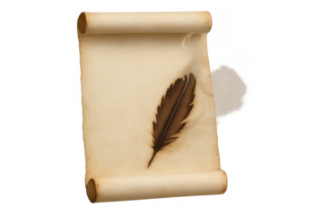 Vintage parchment scroll with a burnt edge detail and a quill pen, symbolizing history, writing, education, and antique communication
