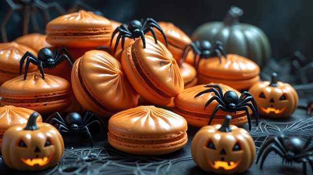 Halloween-themed spooky orange macaroons with intricate designs, surrounded by small carved pumpkins and creepy spiders - Powered by Adobe