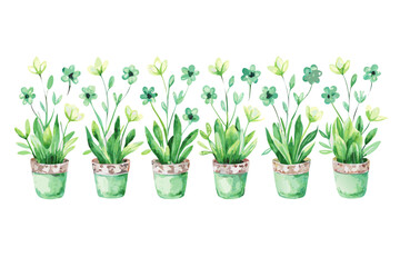 Watercolor seamless pattern of home plants in pots, Hand painted green flowers for textile
