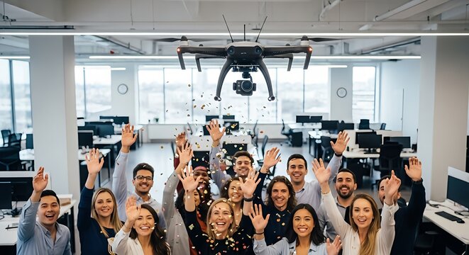 A diverse group of happy co-workers cheering with hands raised as confetti falls from a hovering camera drone in a modern, open-plan office space.