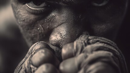Intensity: A close-up shot capturing a boxer, his eyes filled with intensity and determination as he prepares for a fight, showcasing strength and resilience.