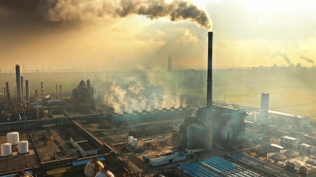 Aerial shot of an oil refinery and chemical plant industrial complex with smoke stacks emitting smoke, causing air pollution.