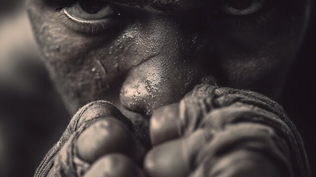 Intensity: A close-up shot capturing a boxer, his eyes filled with intensity and determination as he prepares for a fight, showcasing strength and resilience. - Powered by Adobe