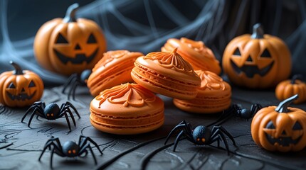 Halloween-themed spooky orange macaroons with intricate designs, surrounded by small carved pumpkins and creepy spiders