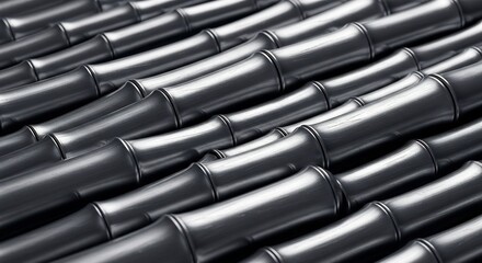 Diagonal rows of dark grey metallic segmented cylindrical objects resembling bamboo with shiny surfaces and distinct nodes