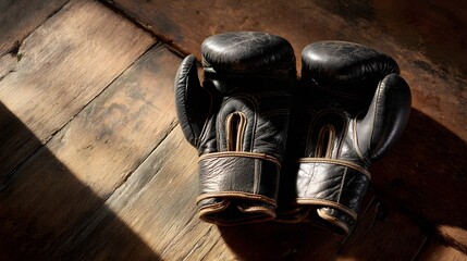 Boxer's Relics: A pair of worn leather boxing gloves lies on a rugged wooden surface, bathed in sunlight. The scene is a tribute to the intensity of training and competition.