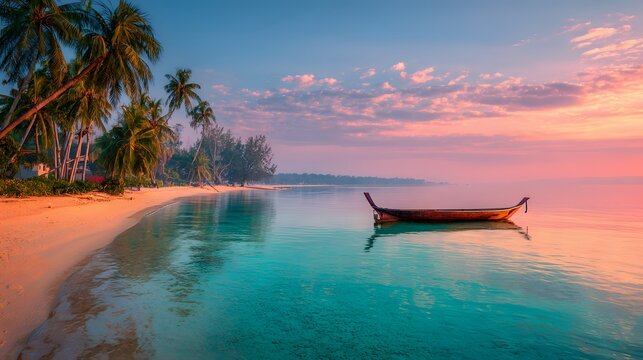 Paradise at Dusk: A tranquil coastal scene unfolds as dusk descends, painting the sky with vibrant hues. Palm trees fringe the shore, a solitary boat rests peacefully in the still waters.