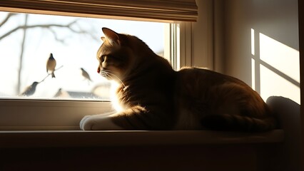 garroting. A cat lounging on a sunny windowsill, ignoring birds outside the window. wildlife magazines, conservation campaigns, designed for eco-tourism storytelling, used by PR specialists.