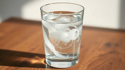 psyllium. A glass of water with psyllium husk fibers creating organic swirls, lit from the side on a wooden table. bar promotions, beverage menus, designed for product packaging and bar promotions.