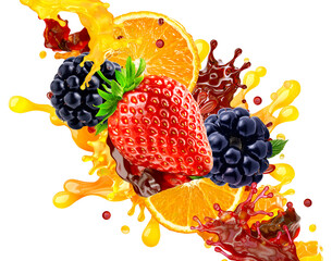 Fruit explosion with strawberry, orange, blackberries surrounded by splashes of yellow and red juice. beverage packaging, juice ads, healthy lifestyle concepts, organic food branding, drink promotions